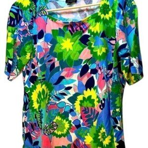 Talbots Womens Floral Short Sleeve Top L Cotton/Rayon Blend Multicolor Vibrant P